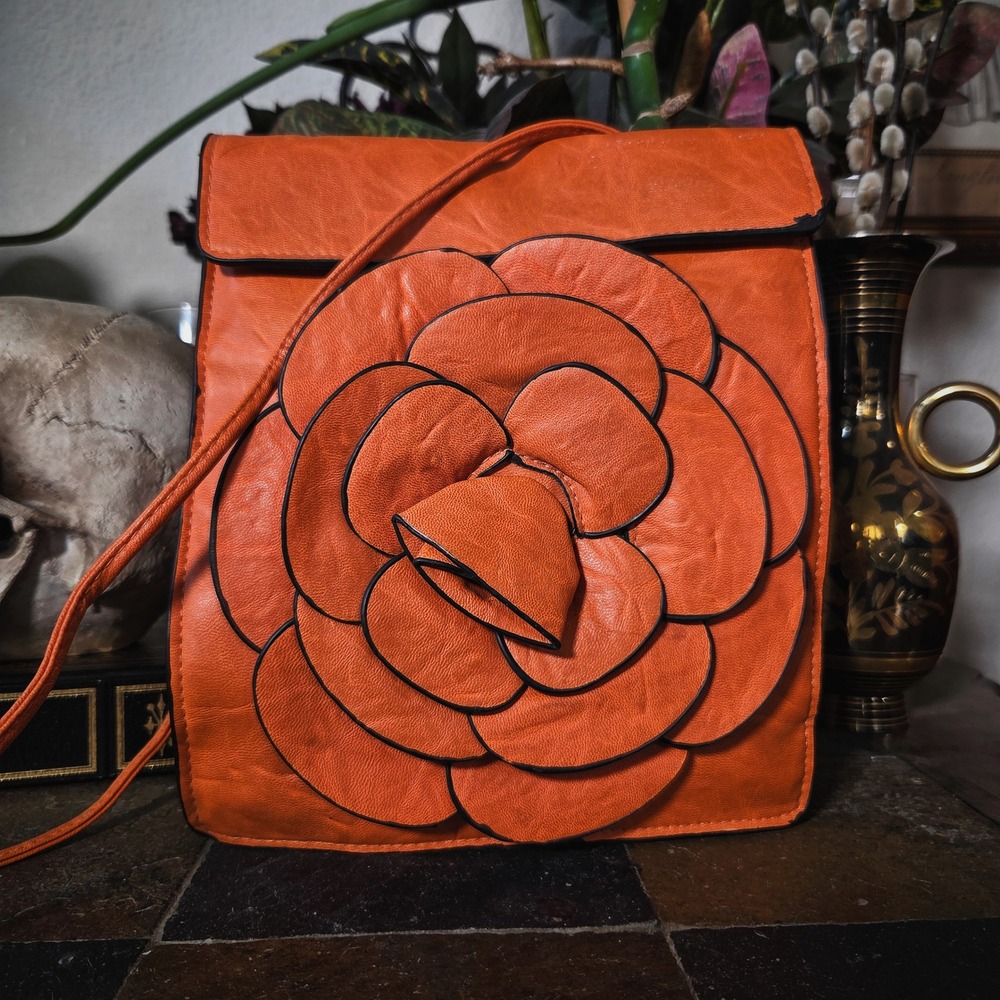Flower Bag Crossbody Purse Orange Faux Leather 3D Floral Camellia Rose Statement